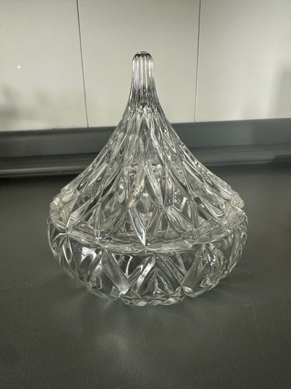 Vintage “Hershey Kiss” Glass Candy Dish w Lid | Diamond Cut Pressed Glass